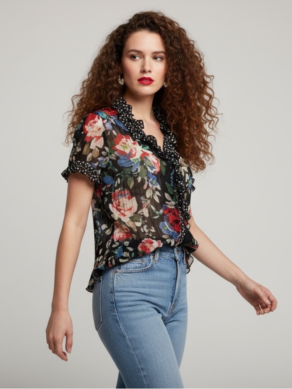 Alison Sheri Floral & Polka Dot Ruffle Blouse Semi Sheer Size M